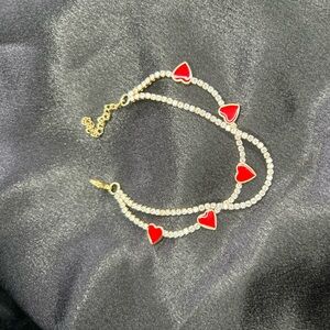 Gold Red Heart and Rhinestone Bracelet